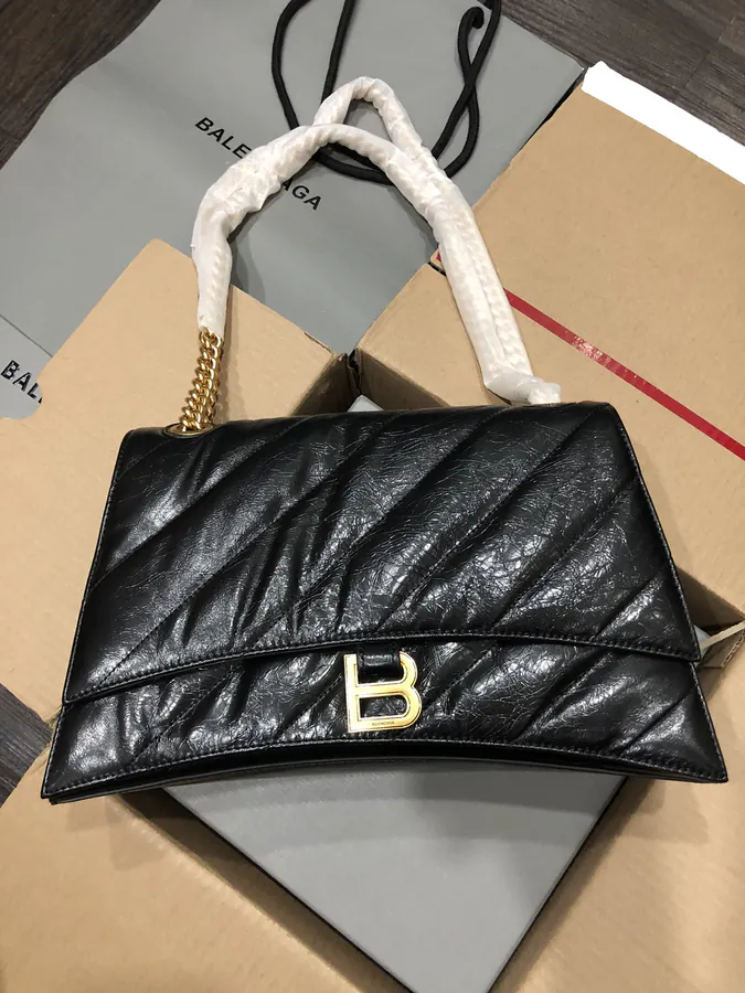 BaleNCIAG Crush Medium Black Flower Embroidery Gold Zip Chain Bag