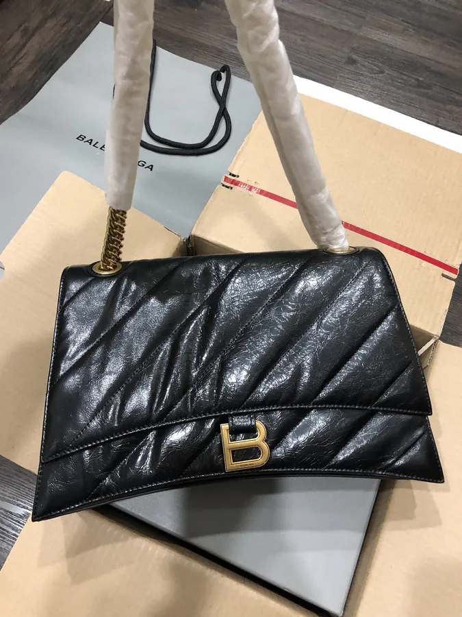 BaleNCIAG Crush Medium Black Flower Embroidery Gold Zip Chain Bag