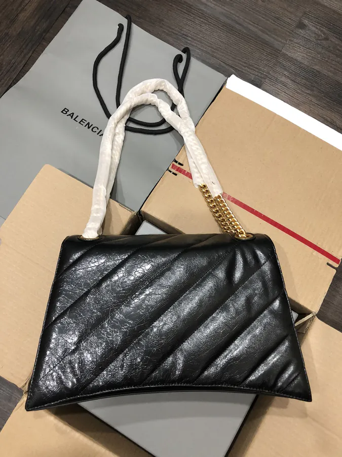 BaleNCIAG Crush Medium Black Flower Embroidery Gold Zip Chain Bag