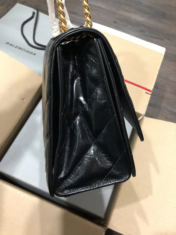 BaleNCIAG Crush Medium Black Flower Embroidery Gold Zip Chain Bag