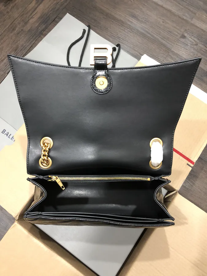 BaleNCIAG Crush Medium Black Flower Embroidery Gold Zip Chain Bag