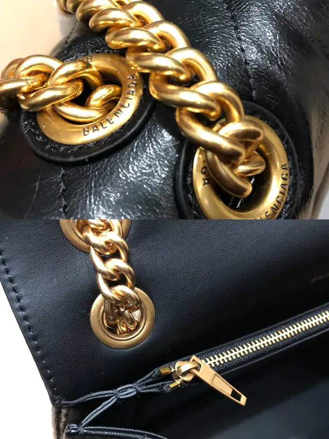 BaleNCIAG Crush Medium Black Flower Embroidery Gold Zip Chain Bag