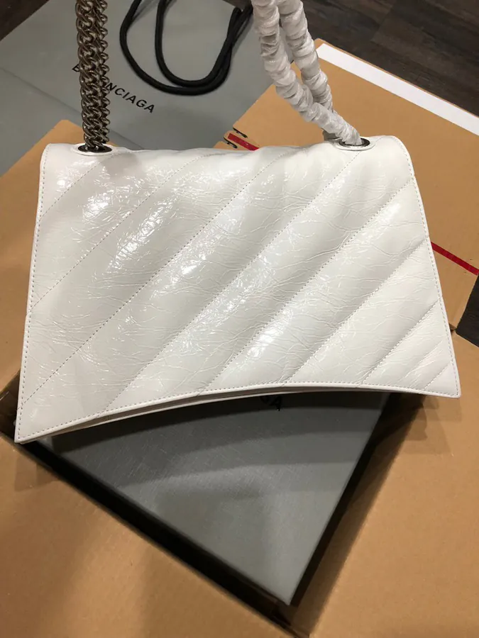BaleNCIAG Crush Sand漏 Chain Bag White with Silver Clasp