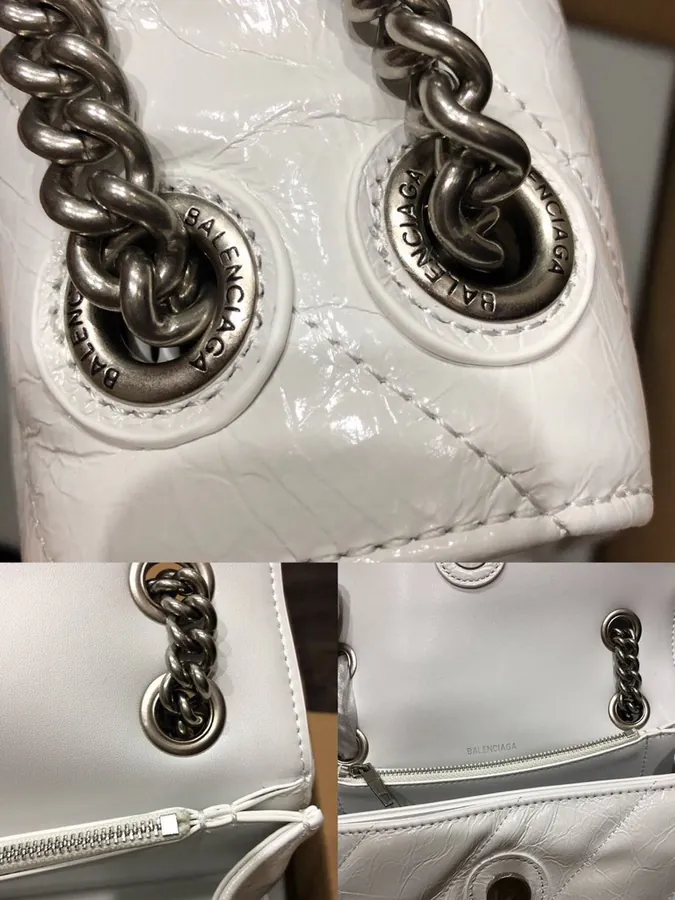 BaleNCIAG Crush Sand漏 Chain Bag White with Silver Clasp