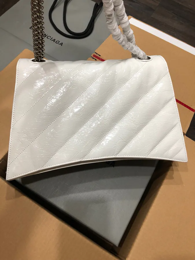 BaleNCIAG Crush Sand漏 Chain Bag White with Silver Buckles