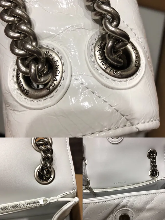 BaleNCIAG Crush Sand漏 Chain Bag White with Silver Buckles