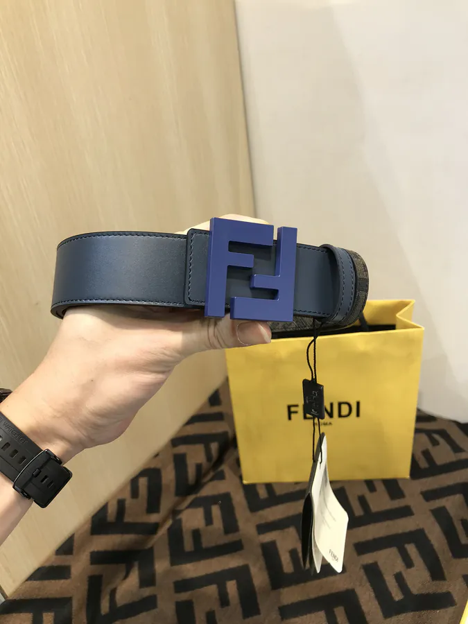 Original F Leather Belt with Vintage Pattern and Gold Finish