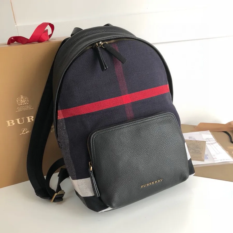 P550 B Brand Canvas Check Double Shoulder Bag with Leather Trim