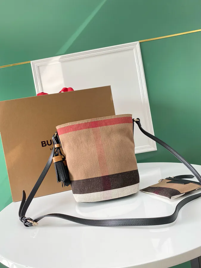 The Ashby Bucket Bag Canvas Check Pattern with Top Grain Leather Trim