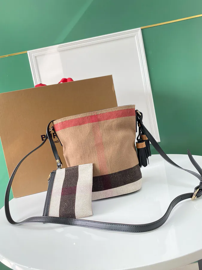 The Ashby Bucket Bag Canvas Check Pattern with Top Grain Leather Trim
