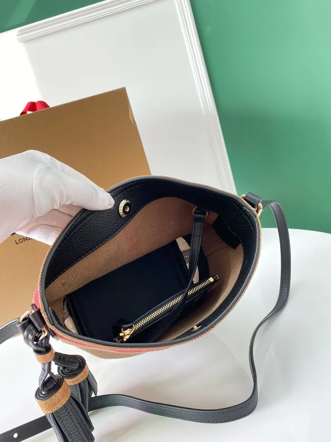 The Ashby Bucket Bag Canvas Check Pattern with Top Grain Leather Trim