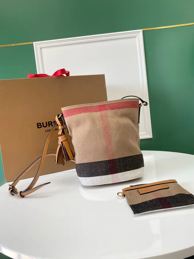 The Ashby Bucket Bag Canvas Check Pattern with Genuine Leather Trim