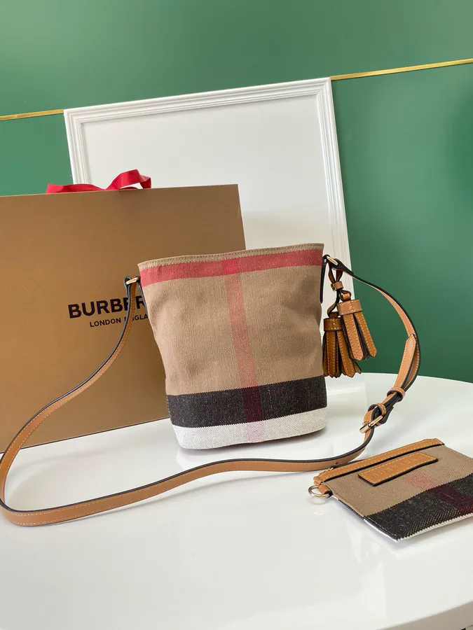 The Ashby Bucket Bag Canvas Check Pattern with Genuine Leather Trim