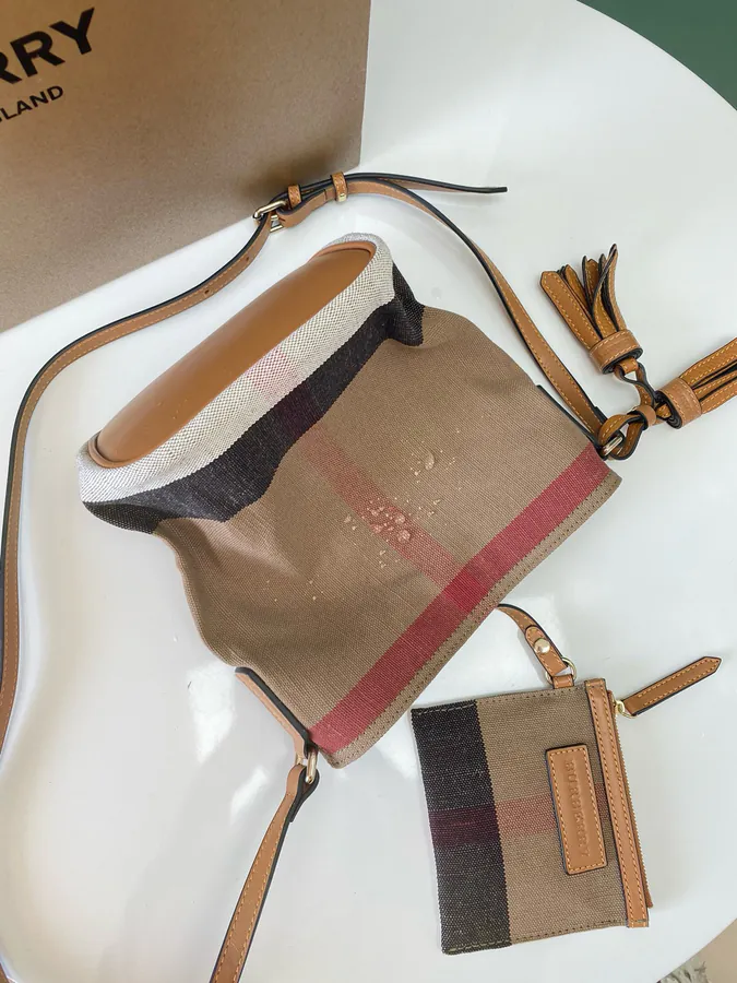 The Ashby Bucket Bag Canvas Check Pattern with Genuine Leather Trim