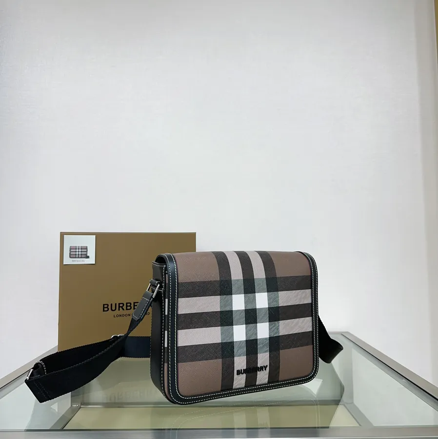 P630 New Postman Bag Elegant Stand Design, B Family Check Pattern, Leather Trim