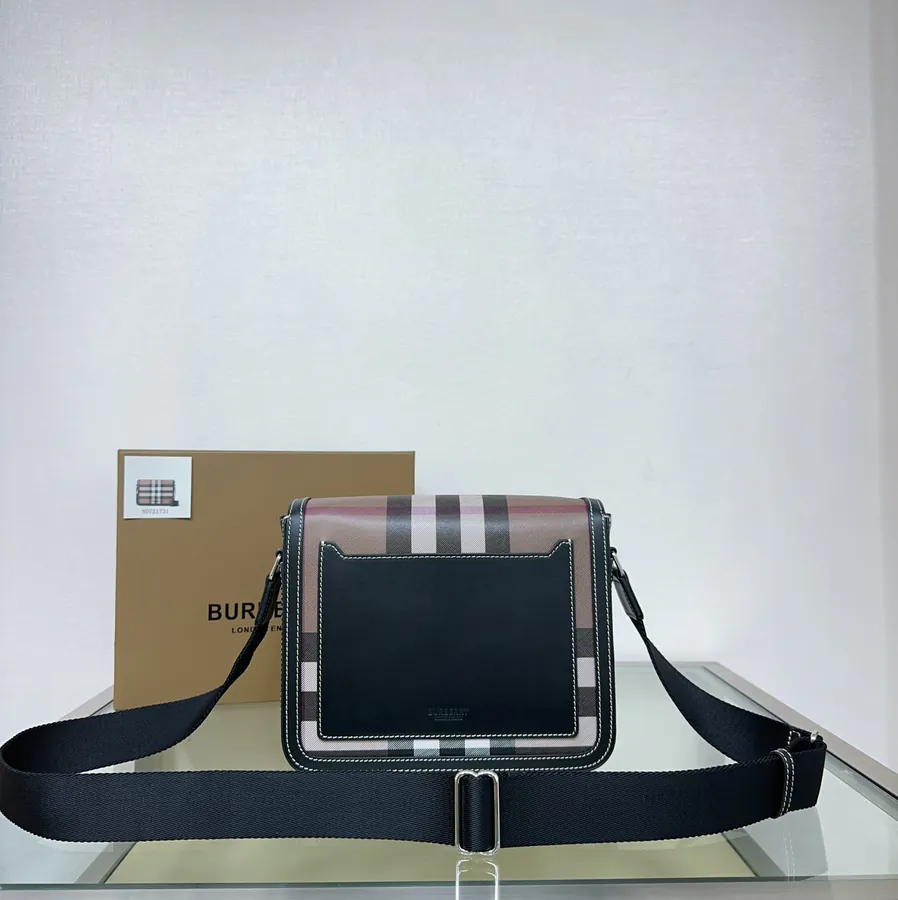 P630 New Postman Bag Elegant Stand Design, B Family Check Pattern, Leather Trim