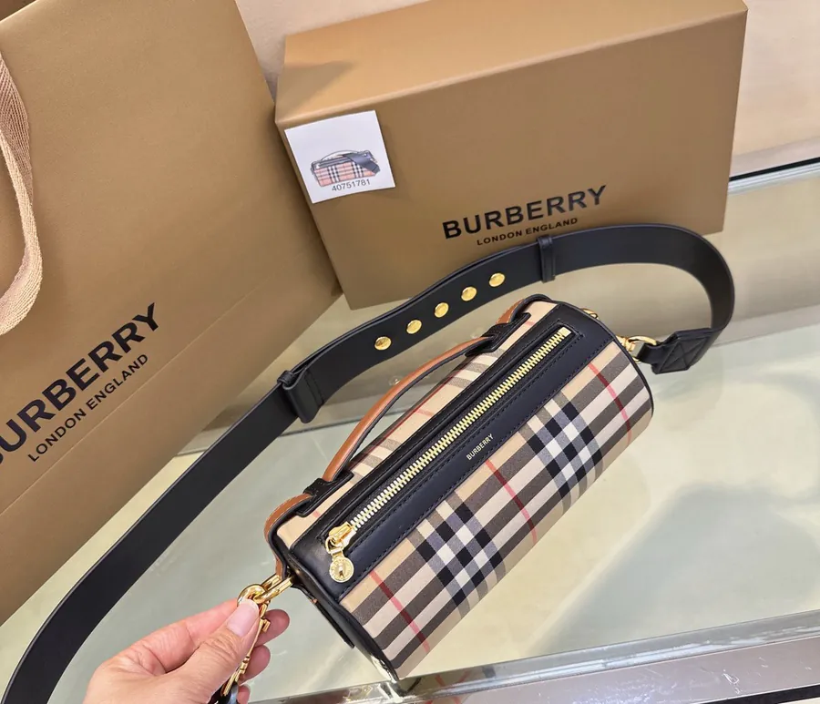 P500 B House Mini Cylinder Bag with Vintage Plaid and Dual Tone Leather