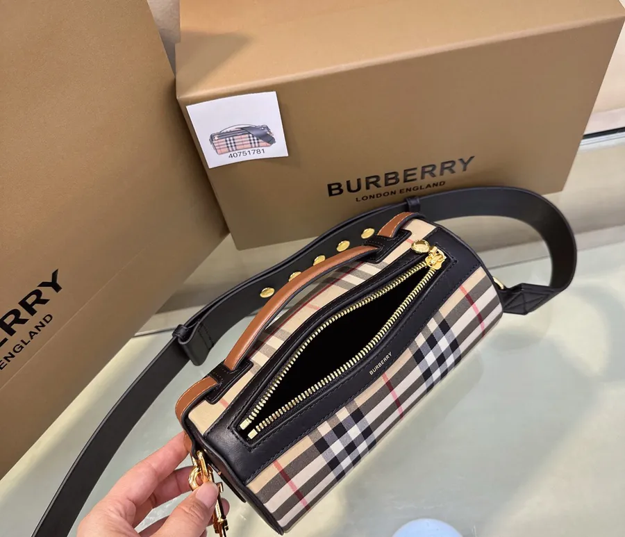 P500 B House Mini Cylinder Bag with Vintage Plaid and Dual Tone Leather