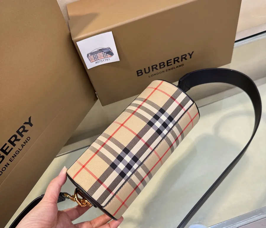 P500 B House Mini Cylinder Bag with Vintage Plaid and Dual Tone Leather