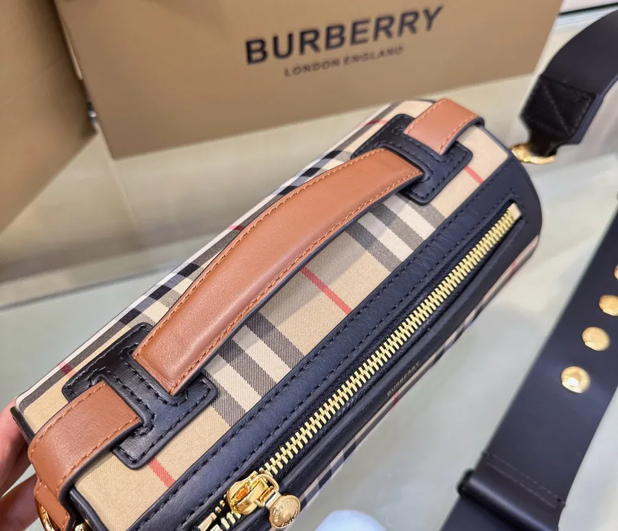 P500 B House Mini Cylinder Bag with Vintage Plaid and Dual Tone Leather
