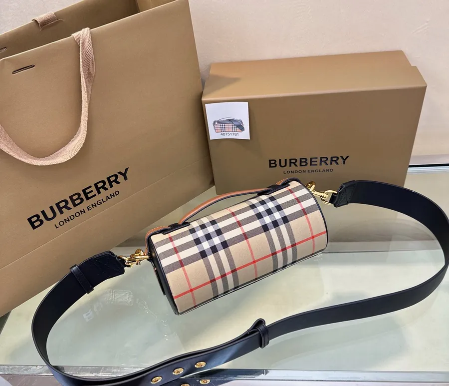 P500 B House Mini Cylinder Bag with Vintage Plaid and Dual Tone Leather