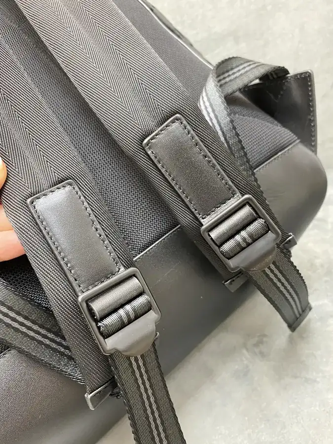 B Brand Double Shoulder Bag with Grained Calfskin and Signature Stripe Details