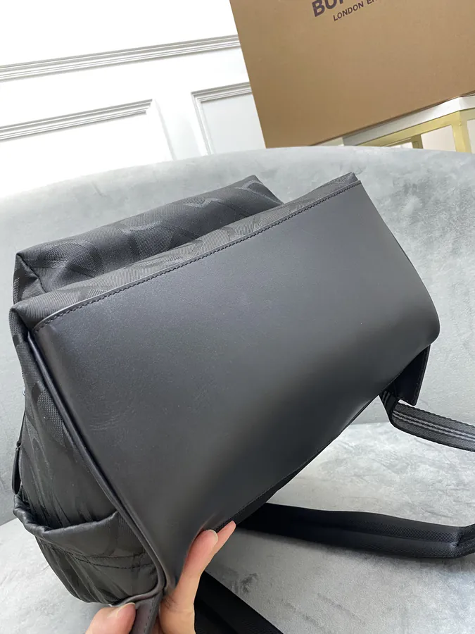 B Brand Double Shoulder Bag with Grained Calfskin and Signature Stripe Details