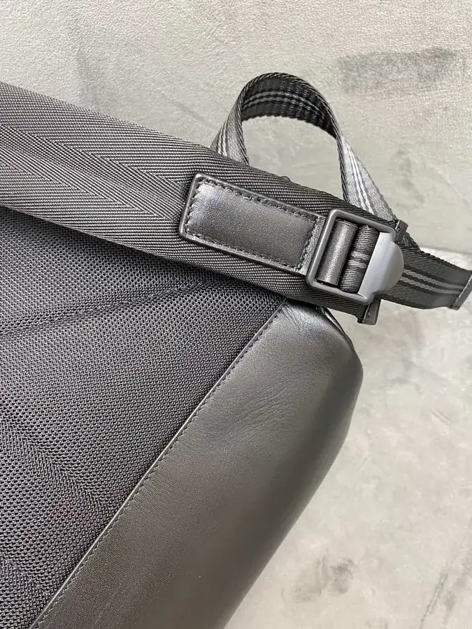 B Brand Double Shoulder Bag with Grained Calfskin and Signature Stripe Details