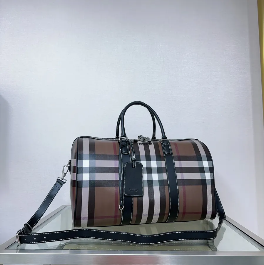 B Brand Travel Tote Bag with Grained Calfskin and Logo Zip