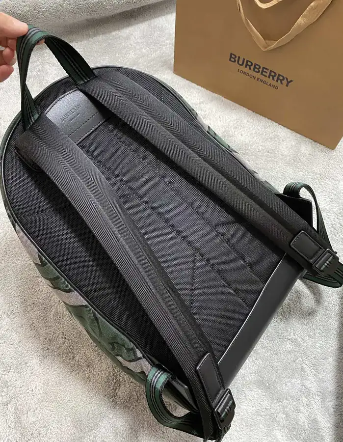 B Brand Double Shoulder Bag with Grained Calfskin and Signature Stripe Details