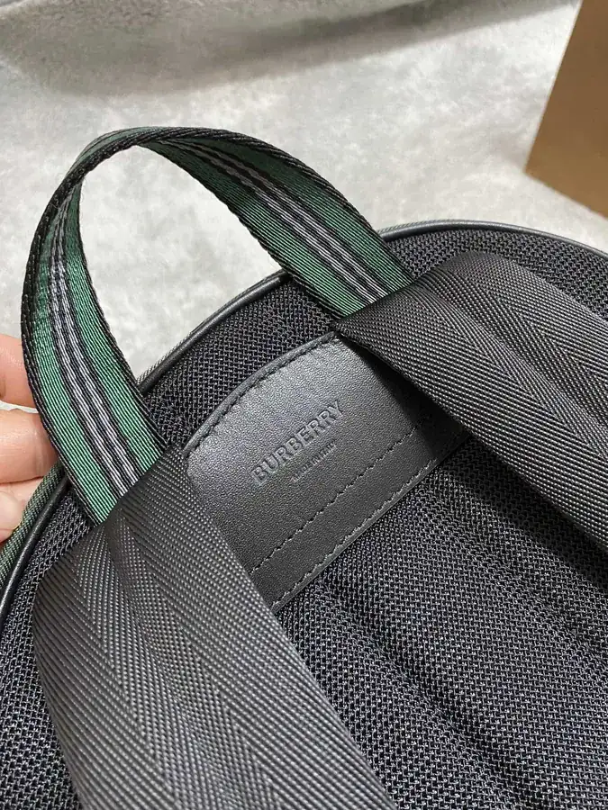 B Brand Double Shoulder Bag with Grained Calfskin and Signature Stripe Details