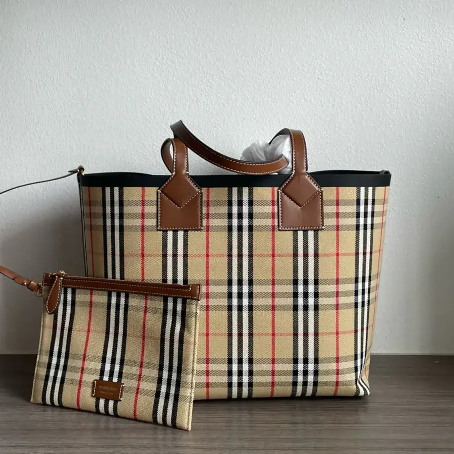 Burberry Canvas Bucket Bag with Grained Calfskin Handles