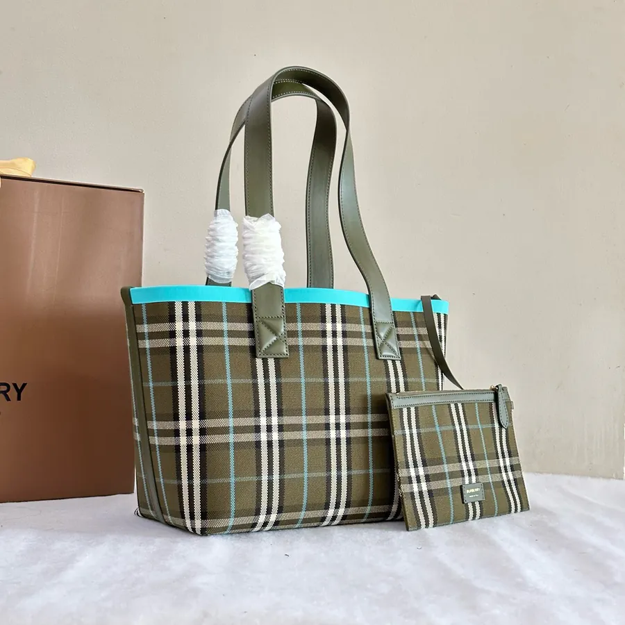 Burberry Check Canvas Tote with Leather Handles