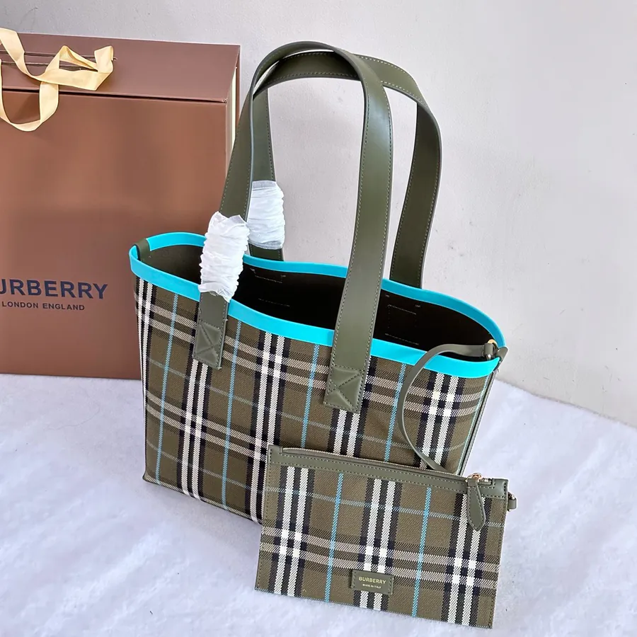 Burberry Check Canvas Tote with Leather Handles