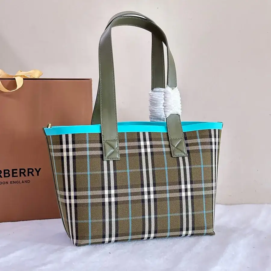 Burberry Check Canvas Tote with Leather Handles