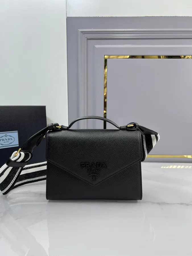 New Saffiano Leather Monochrome Crossbody Bag with Fabric Embroidered Strap