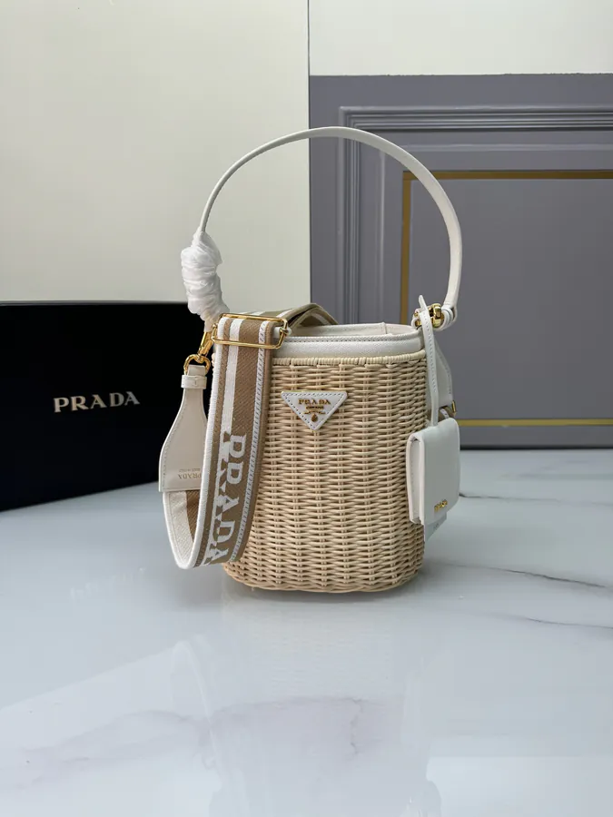 Prada P720 New Arrival Bucket Bag with Wicker and Canvas