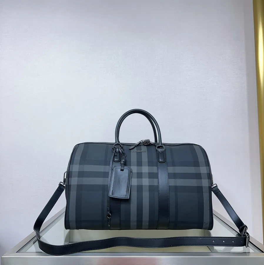 B Brand Pure Original Gray Check Bucket Bag with Logo Zip and Detachable Shoulder Strap