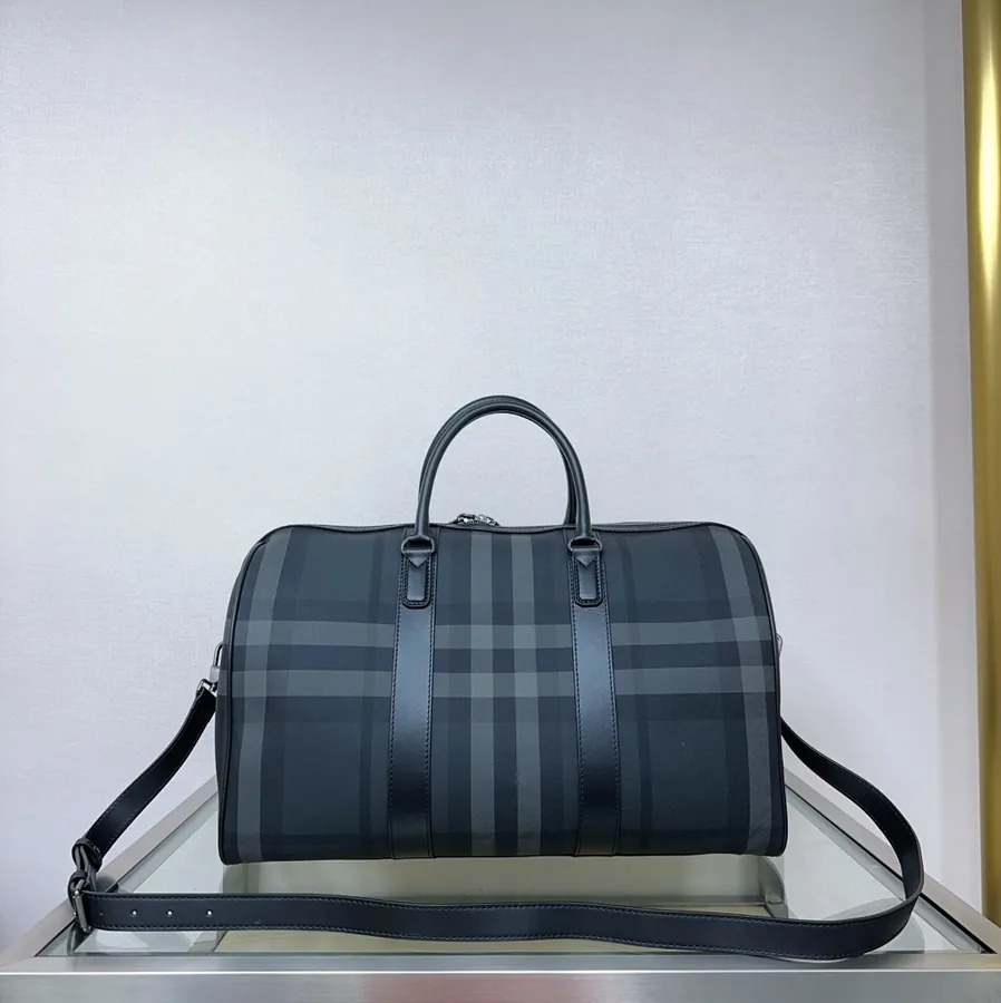 B Brand Pure Original Gray Check Bucket Bag with Logo Zip and Detachable Shoulder Strap