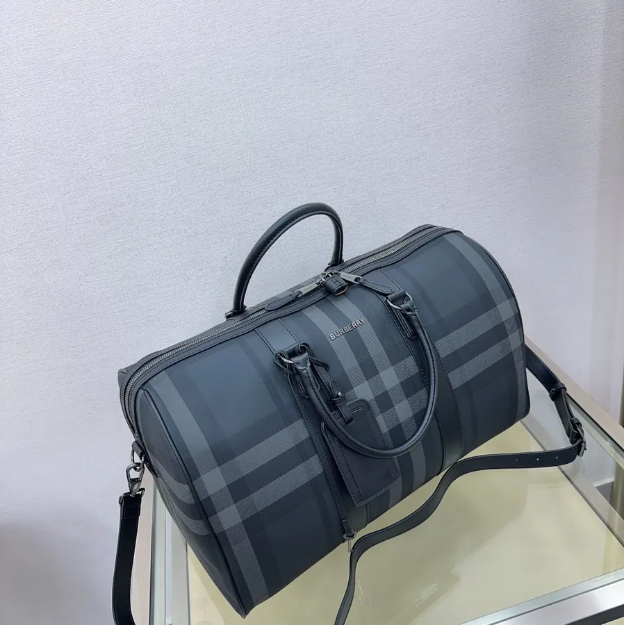 B Brand Pure Original Gray Check Bucket Bag with Logo Zip and Detachable Shoulder Strap