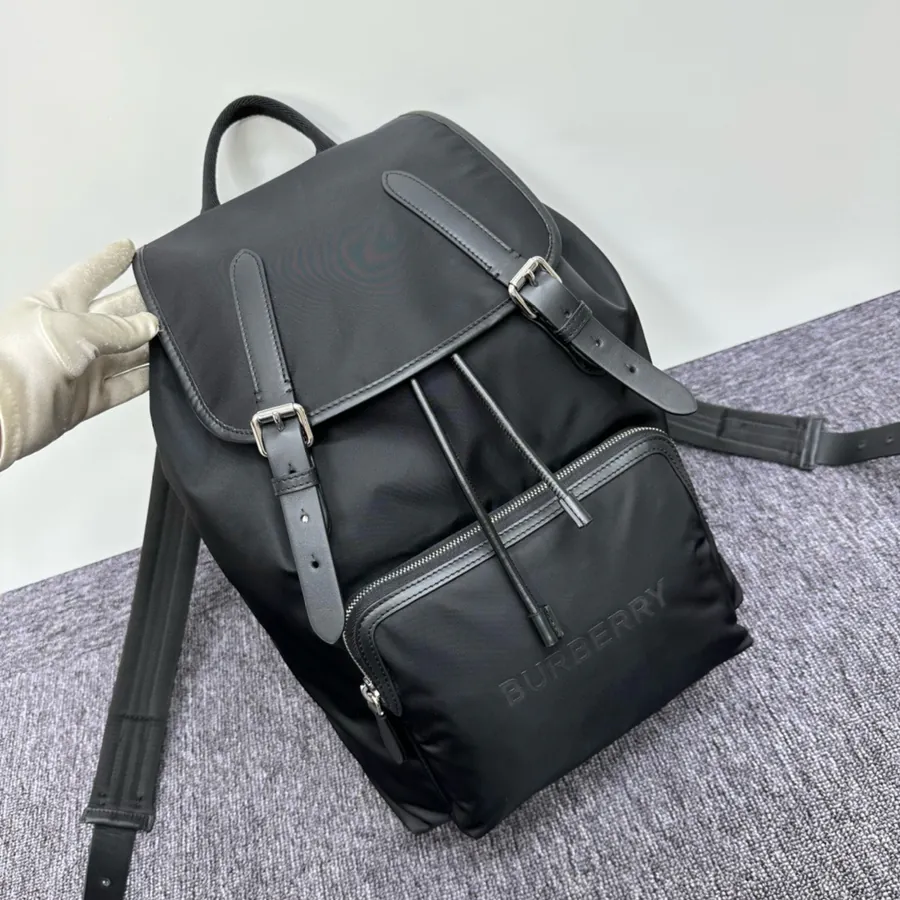B Family New Nylon Backpack with Brand Logo and Leather Trim