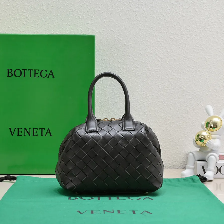 Bv Small Intrecciato Woven Leather Bowling Bag with Detachable Crossbody Strap