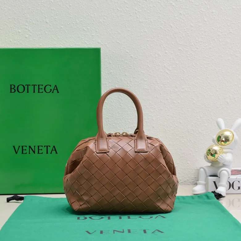 Bv Small Intrecciato Woven Leather Bowling Bag with Detachable Crossbody Strap