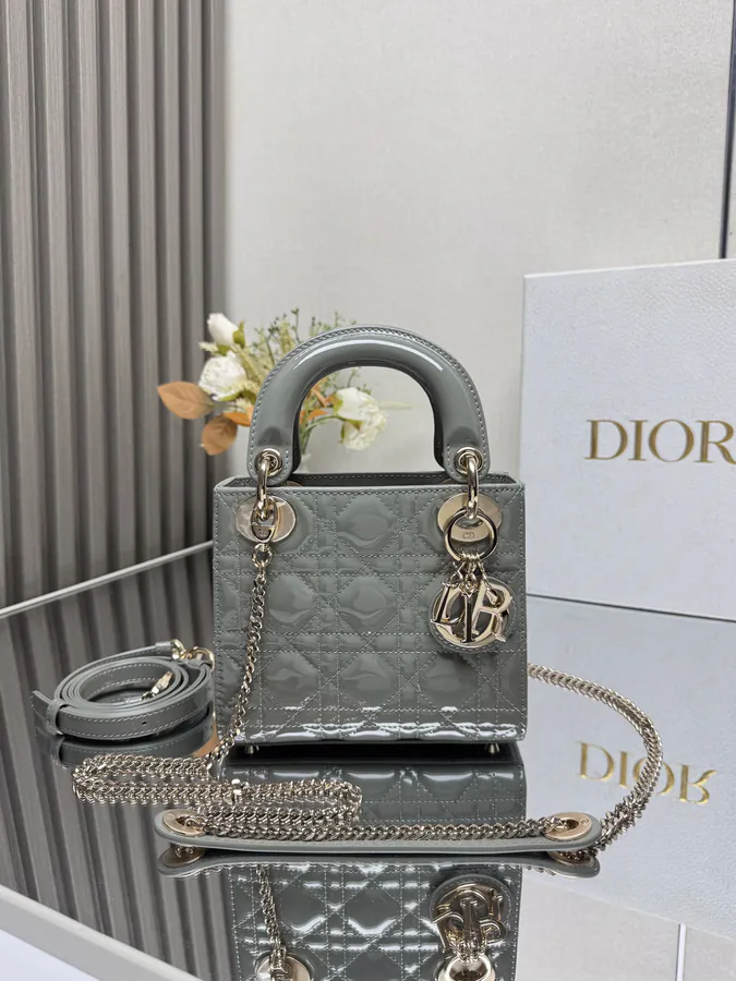 Classic Lady Three Compartment Rock Grey Patent Leather Tote