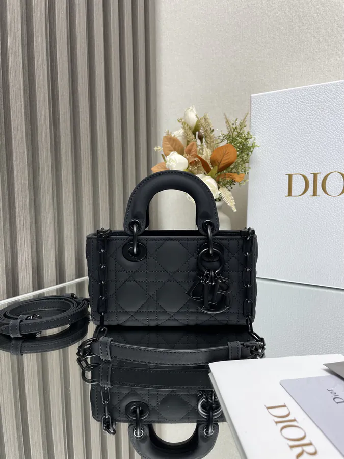 Lady D−Joy Mini Crossbody Bag in Black Grained Leather
