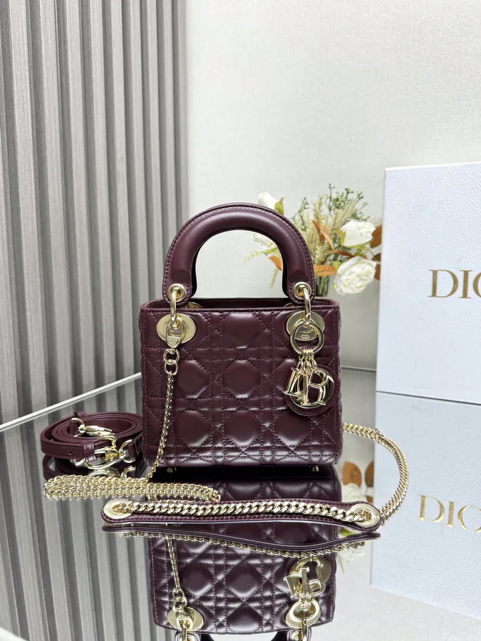 Classic Lady D Bucket Bag in Wine Red Calfskin