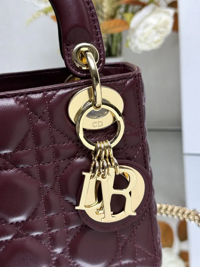 Classic Lady D Bucket Bag in Wine Red Calfskin