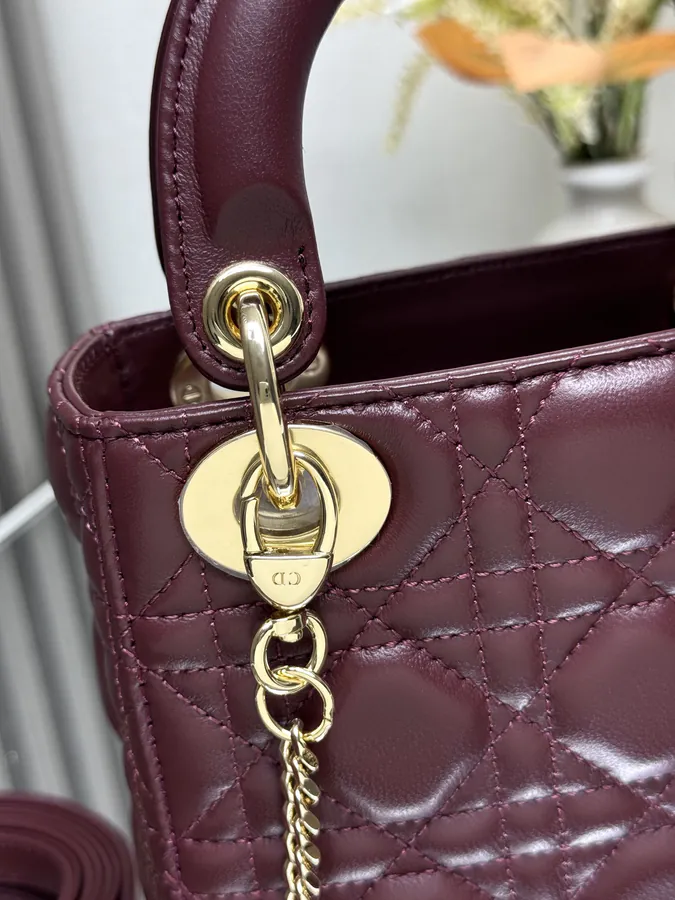 Classic Lady D Bucket Bag in Wine Red Calfskin