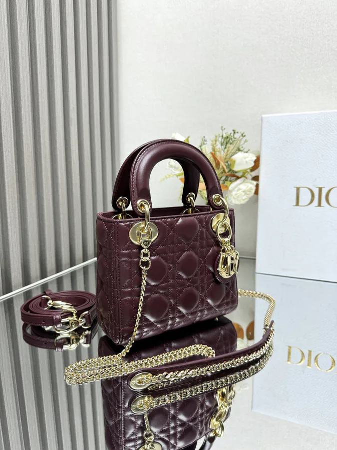 Classic Lady D Bucket Bag in Wine Red Calfskin