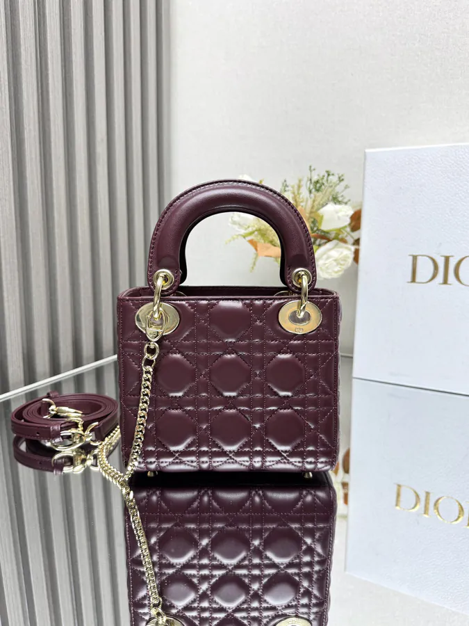 Classic Lady D Bucket Bag in Wine Red Calfskin
